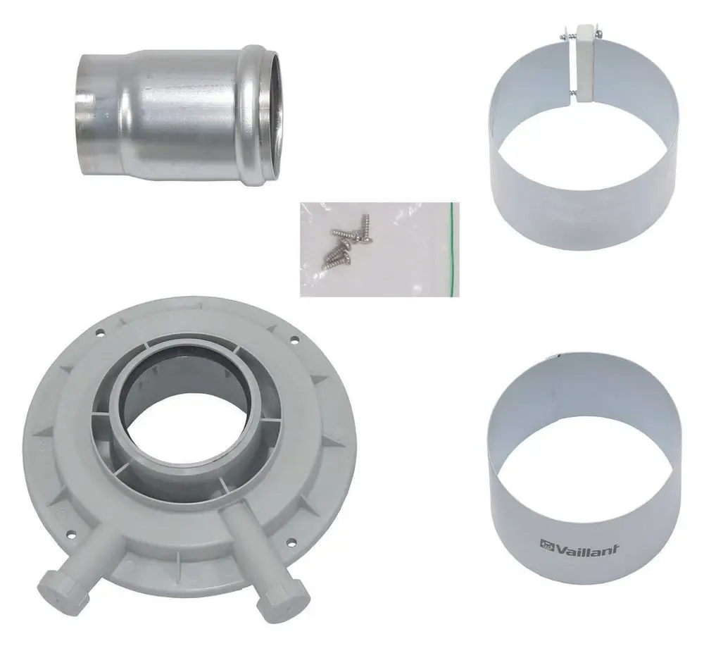 Zusammenstellung von Komponenten, die ein Metallstück und einen grauen Kunststoffverschluss von Vaillant sowie Schrauben und Riemen enthalten.